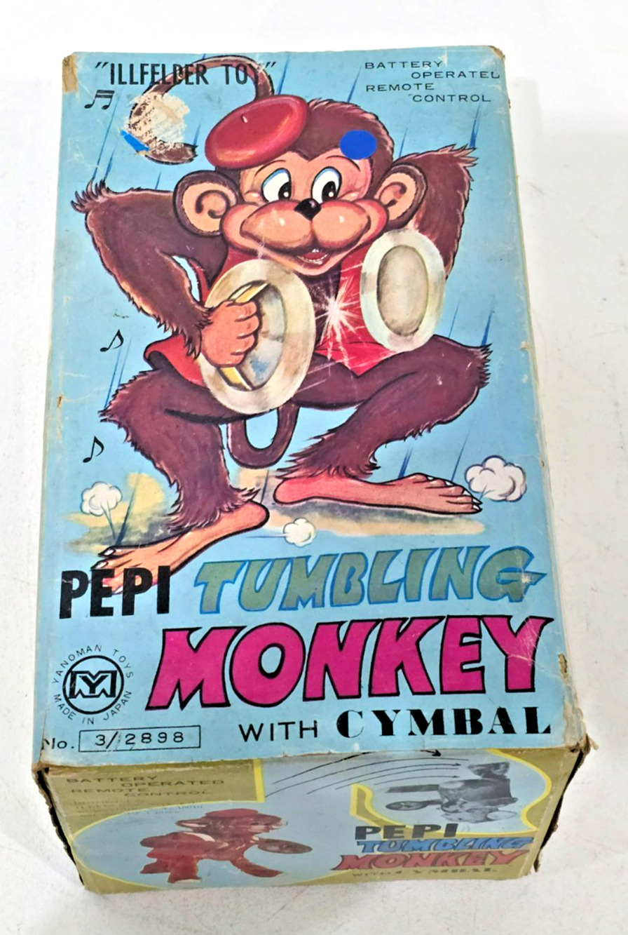Vintage Pepi Tumbling Monkey w Cymbals Battery Operated Toy w Box WORKS